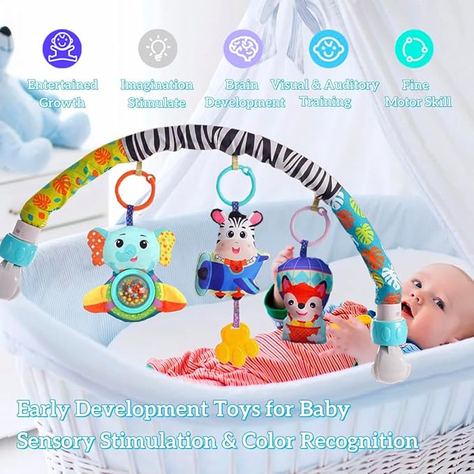 Baby Stroller Arch Mobile With Universal Clamps - Clip-On Activity Bar for Bassinet, Bouncer, Crib, Car Seat - Musical Infant Toys With Elephant Squeaker and Zebra Rattle-CubbioJoy