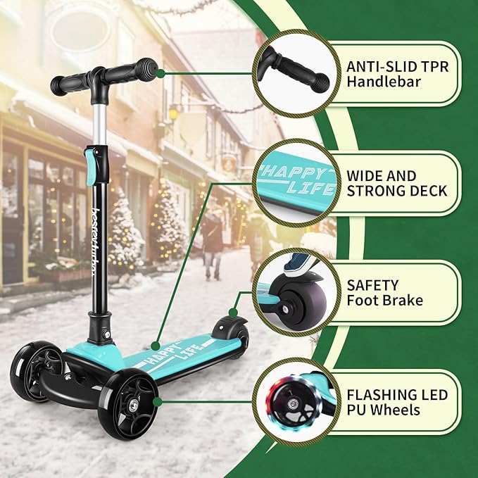 Besrey Kick Scooter for Kids Ages 3-10, 3-Wheel Folding Scooter with Adjustable Height, LED Light Wheels, Extra Wide Deck for Outdoor Activities-CubbioJoy