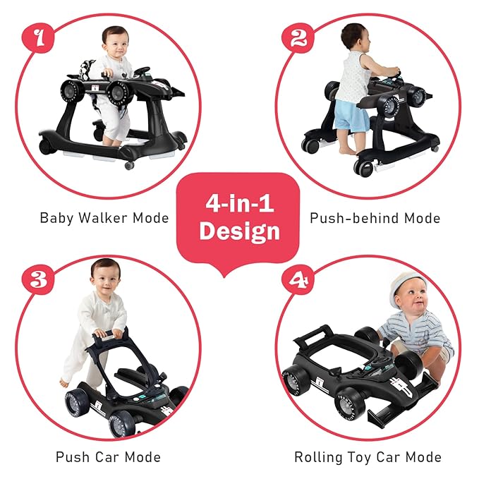 BABY JOY 4-in-1 Baby Walker, Foldable Activity Walker with Adjustable Height & Speed, Music, Lights, Anti-Rollover, Toddler Push Walker, Baby Walker with Wheels for Boys Girls 6-18 Months (Black)-CubbioJoy