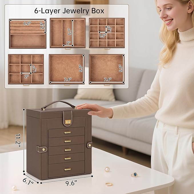 AKOZLIN 6-Tier Jewelry Box Organizer Functional 5 Drawers Leather Jewelry Storage Case for Women Girls Ring Necklace Earring Bracelet Holder Organizer with Mirror Brown-CubbioJoy
