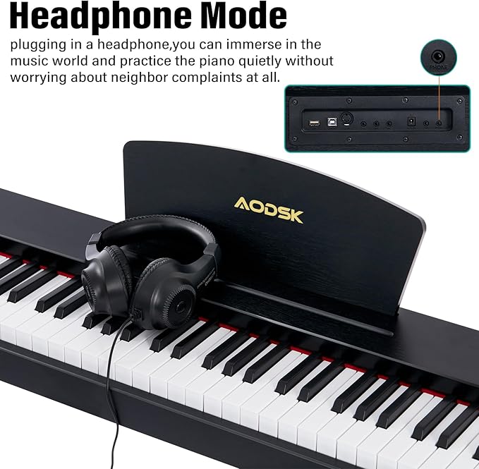 AODSK Beginner Digital Piano 88 Key Keyboard,Full-size Electric Piano for Beginners,with Sheet Music Stand,Pedal,Power Adapter,Headphone Mode,USB-MIDI,Piano Lessons,Black,-Comes with headphones-CubbioJoy