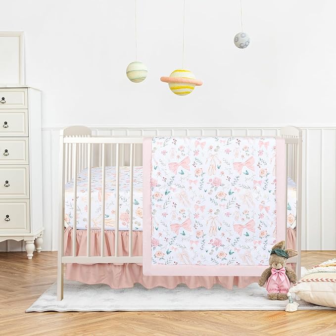 GFU Crib Bedding Set for Girls 4-Piece, Bow Baby Girl Crib Bedding Set Pink Flowes, Nursery Sets Includes Comforter, Fitted Crib Sheet, Crib Skirt, and Diaper Stacker-CubbioJoy