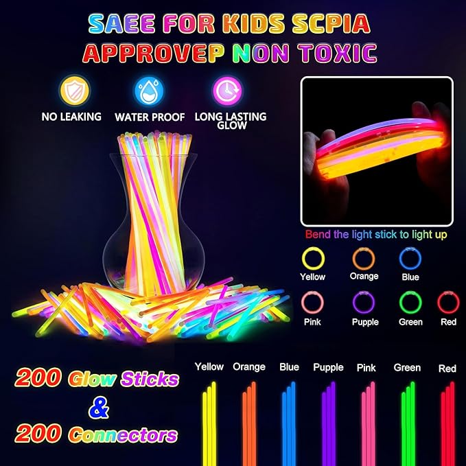 500 Pcs Glow Sticks Bulk Party Pack, 8'' Glow in the Dark Party Supplies, Glow in the Dark Light Up Sticks with Connectors, Party Favors for Birthday, Concert, Raves, Halloween, Christmas-CubbioJoy