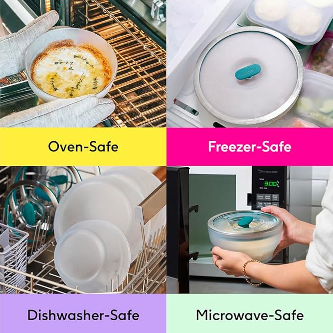 Anyday 8-Cup Glass Food Storage with Glass Lid, Round Deep Dish | Plastic-Free Meal Prep & Microwave Cookware | Stackable Airtight Storage Container with Vented Lid for Microwave-Safe Reheating-CubbioJoy