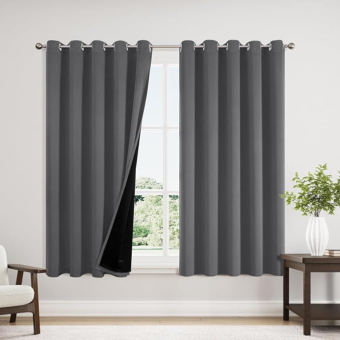 ChrisDowa 100% Blackout Curtains 63 inch Long for Bedroom with Black Liner, Extra Wide 2 Thick Layers Total Blackout Thermal Insulated Grommet Window Curtains 2 Panels Set (Grey, 60 x 63 Inch)-CubbioJoy