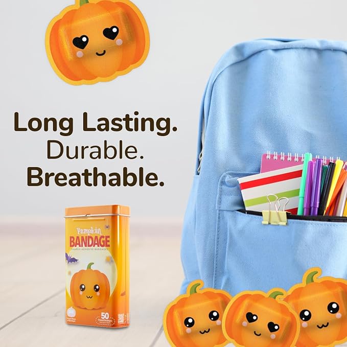 BioSwiss Bandages, Halloween Pumpkin Shaped Self Adhesive Bandage, Latex Free Sterile Wound Care, Fun First Aid Kit Supplies for Kids, 50 Count-CubbioJoy
