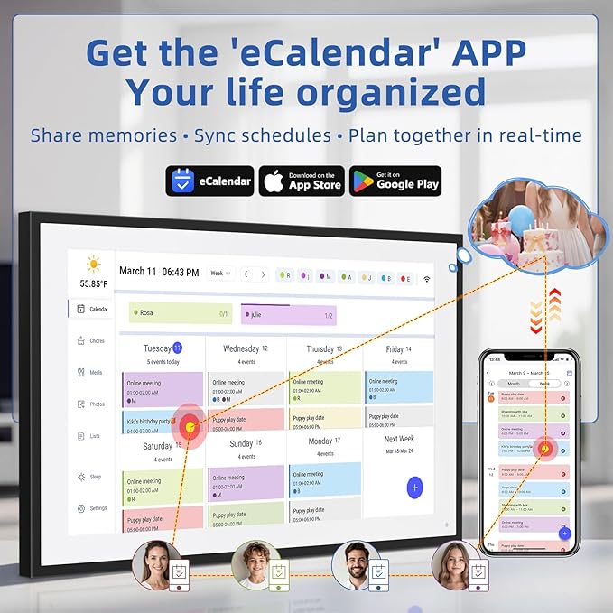 21.5 Inch Digital Calendar, Electronic Chore Chart, Smart Weekly and Monthly Planner 1920 * 1080P IPS Touchscreen Wall and Desk Calendar for Family Schedules, Black-CubbioJoy