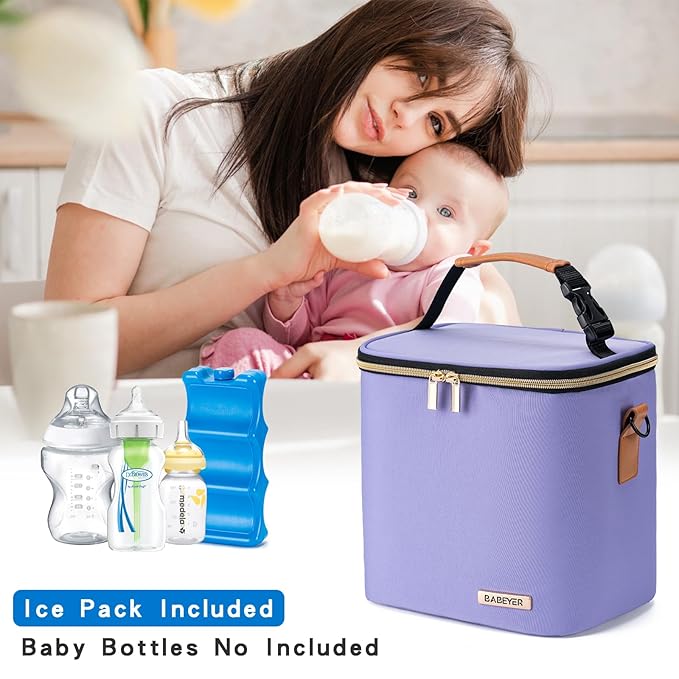 Breastmilk Cooler Bag with Ice Pack Fits 6 Baby Bottles Up to 9 Ounce, Baby Bottle Bag with Shoulder Strap for Nursing Mom Daycare, Violet-CubbioJoy