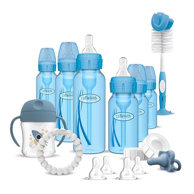Dr. Brown's Natural Flow Anti-Colic Options+ Special Edition Blue Baby Bottle Gift Set with Soft Sippy Spout Transition Cup, Flexees Teether, Bottle Cleaning Brush and Travel Caps-CubbioJoy