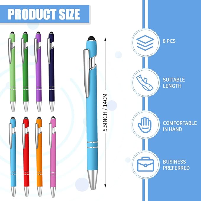 8 Pieces Ballpoint Pen with Stylus Tip Black Ink 2 in 1 Stylus Metal 1.0 mm Medium Point Smooth Pen Rainbow Colorful Rubberized Ballpoint for Touch Screen Tablet(Rainbow Color)-CubbioJoy