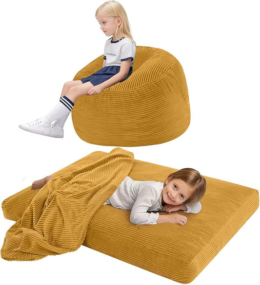 COMAX Kids Bean Bag Chair Turn into Beanbag Bed, Toddler Bean Chair Corduroy for Girl Boy Sleeping, Lazy Children Bean Bags with Filler, Convertible Child Floor Mattress, Yellow-CubbioJoy