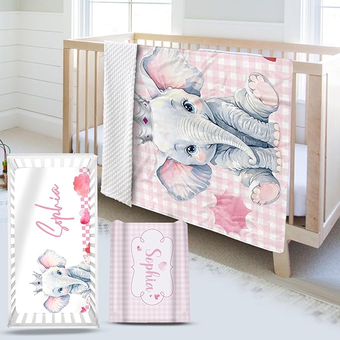 Custom Name Crib Bedding Set - Elephant Theme, Personalized Pink Checkered Nursery Bedding 3-Piece Set– Soft Blanket, Fitted Sheet, Changing Pad Cover – for Newborns Girls Nursery Gifts-CubbioJoy