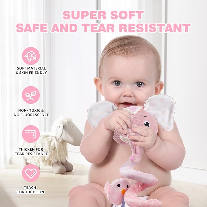 Jollybaby Baby Car Seat Stroller Toys, Plush Activity Hanging Spiral Activity Pram Crib with Music Box, Rattles, Squeaker for Babies Infant Boys Girls(SZ Pink Elephant)-CubbioJoy