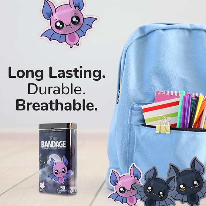 BioSwiss Bandages, Halloween Bat Shaped Self Adhesive Bandage, Latex Free Sterile Wound Care, Fun First Aid Kit Supplies for Kids, 50 Count-CubbioJoy