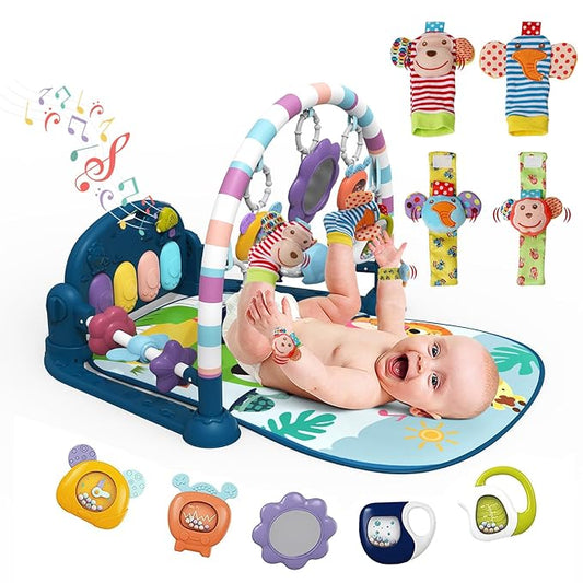 dearlomum Baby Play Mat Gym,Funny Play Piano Tummy Time Activity Mat with 5 Infant Sensory Toys & 4 Wrist Rattle Socks, Boy & Girl Gifts for Newborn 0 to 3 6 9 12 Months(Blue)-CubbioJoy