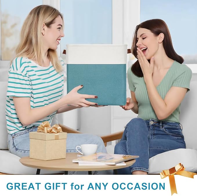 13x13 Cube Storage Bins, Collapsible Fabric Storage Box, 4 Pack Closet Baskets with Handles for Organizing, Shelf, Toys, Clothes, Home, Office, Nursery (Teal&White)-CubbioJoy