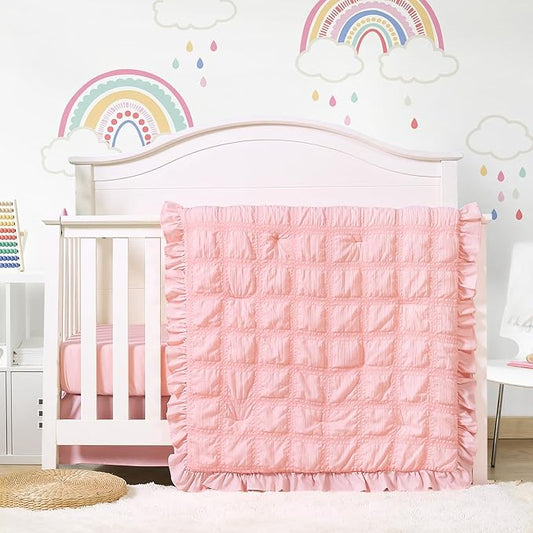 Cloele 3 Pieces Crib Bedding Set for Girls,Standard Size Pink Ruffled Nursery Crib Baby Bedding Set Includes Comforter Fitted Sheet Crib Skirt -Girls Solid Seersucker Ruffle Quilt-CubbioJoy