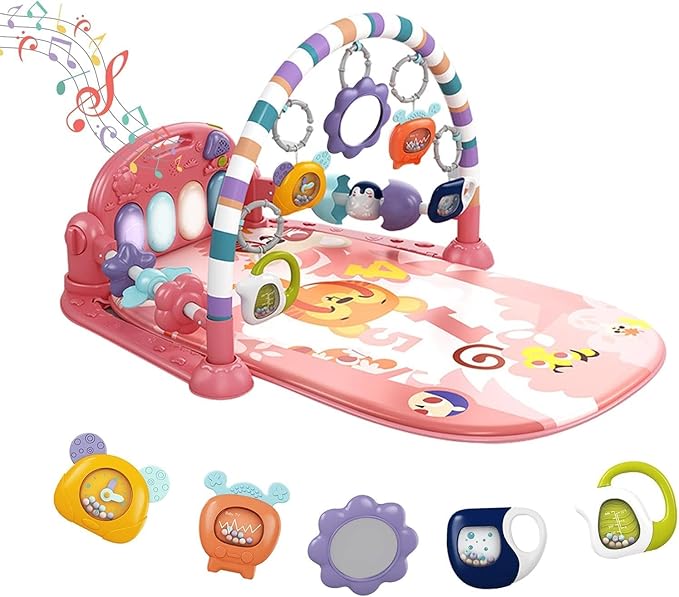 dearlomum Baby Play Mat Baby Gym,Funny Play Piano Tummy Time Baby Activity Mat with 5 Infant Sensory Baby Toys, Music and Lights Boy & Girl Gifts for Newborn Baby 0 to 3 6 9 12 Months (Tiger Pink)-CubbioJoy
