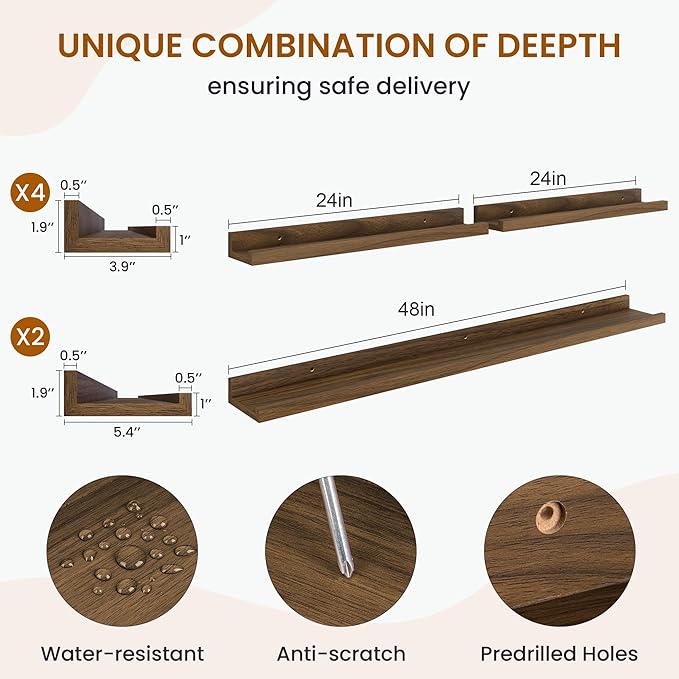 Axeman Picture Ledge Shelf, Floating Shelves for Wall Decor Storage Set of 6, 48 inch Floating Wall Mounted Shelves, Wall Shelves with Lip for Living Room, Bedroom, Nursery, Bathroom, Kitchen, Walnut-CubbioJoy