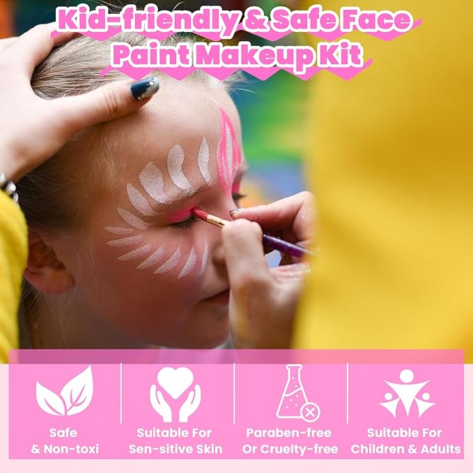 42 Color Face Painting Kit for Kids - Water Based, Non Toxic Face paint palette with Art Brushes, Stencils, Gems - For Halloween, Carnival, Costume Makeup, Parties & Cosplay-CubbioJoy