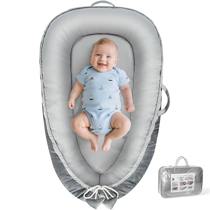 Baby Lounger - Baby Lounger for Newborn 0-24 Months, Breathable & Soft Cotton and Velvet Cover Baby Nest, Portable Tummy Time Lounger for Home and Travel, Ideal Baby Essentials & Shower Gifts-CubbioJoy