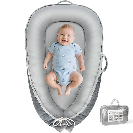Baby Lounger - Baby Lounger for Newborn 0-24 Months, Breathable & Soft Cotton and Velvet Cover Baby Nest, Portable Tummy Time Lounger for Home and Travel, Ideal Baby Essentials & Shower Gifts-CubbioJoy