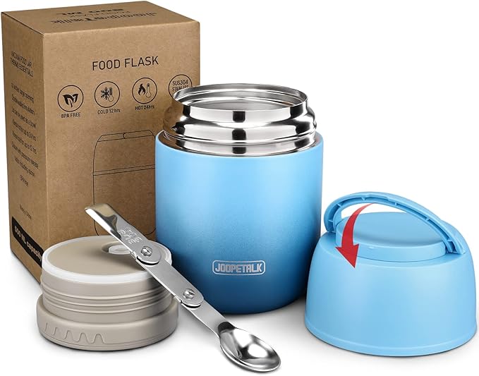 17 oz Insulated Lunch Containers, Hot Food Jar, Wide Mouth, Vacuum Stainless Steel Thermo Lunch Box with Handle and Folding Spoon, Blue-CubbioJoy