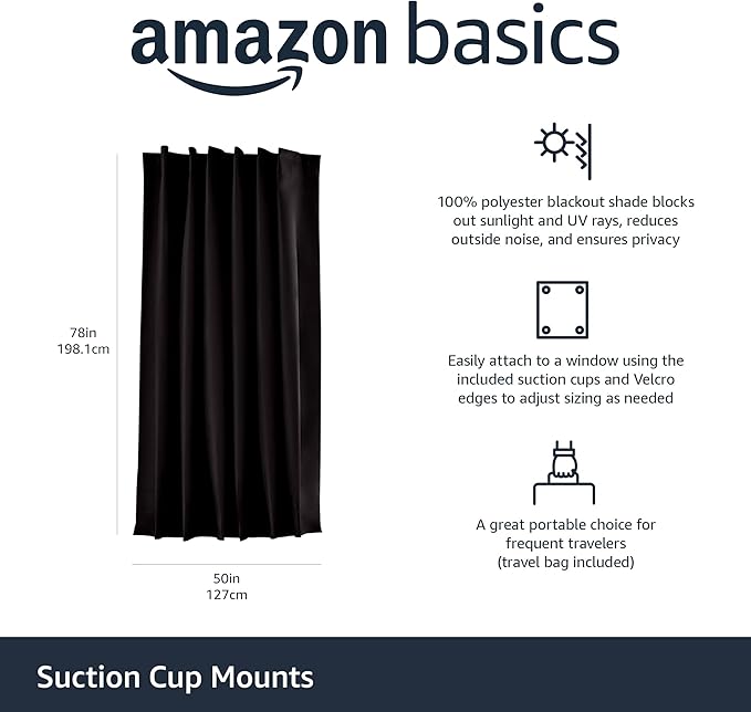 Amazon Basics Portable Blackout Curtain Shade with Suction Cups, 50" W x 78"L, 1-Pack, Black-CubbioJoy