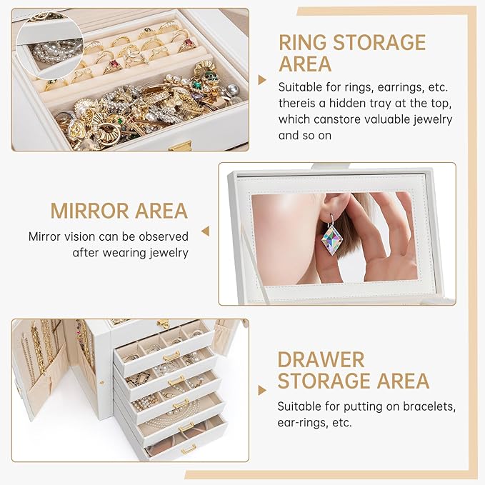 AKOZLIN 6-Tier Jewelry Box Organizer Functional 5 Drawers Leather Jewelry Storage Case for Women Girls Ring Necklace Earring Bracelet Holder Organizer with Mirror White-CubbioJoy