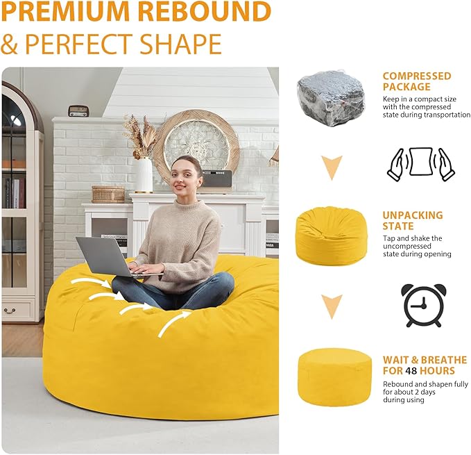 3FT Bean Bag Chair, Comfy Bean Bag Chairs with Memory Foam Filled, Fluffy Beanbag Sofa with Dutch Velvet Cover, Round BeanBag Chairs for Living Room, Playroom - Lemon-CubbioJoy