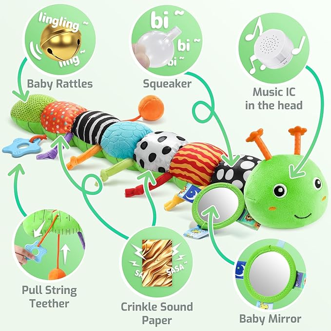 Sumobaby Baby Toys 0-6 6-12 Months,Music Caterpillar Plush Toy with Baby Mirror, Pull String&Crinkle Rattle,Infant Teething Toys,Tummy Time for 0-3-6-12 Month Boys Girls Newborn Gifts (Green-Branch)-CubbioJoy