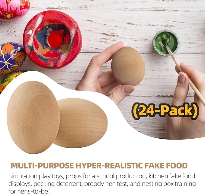 CALPALMY 24 Pieces Wooden Eggs - Life-Size, Reusable Fake Easter Eggs for Painting, Decorating, Crafting, Pretend Play, Faux Food Display, Nest Box Training-CubbioJoy