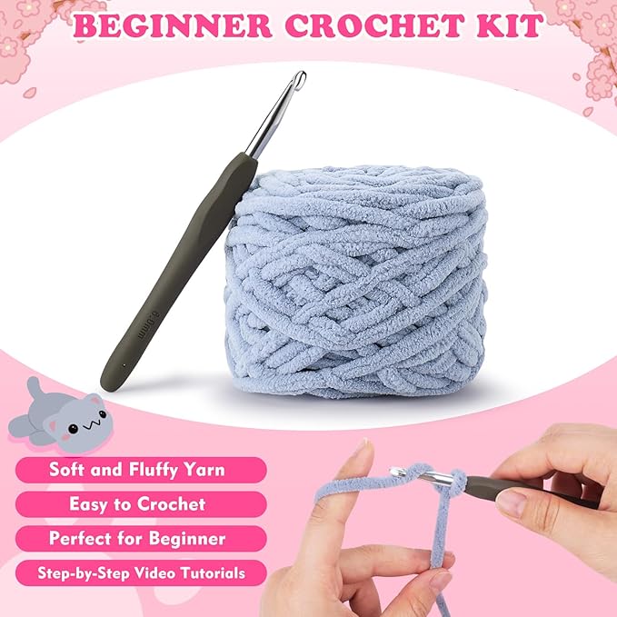 Crochet Kit for Beginners - 2PCS Kitty Crochet Kit with Step-by-Step Video Tutorials, Crochet Starter Kit for Adults and Kids, Learn to Crochet Cat, Beginner Crocheting Kit Easy Peasy Yarn-CubbioJoy