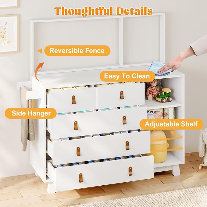 Baby Dresser with Changing Table Top, Baby Changing Table Dresser with 5 Drawers and Adjustable Shelves, Multi-Functional Diaper Changing Station, Nursery Organizer for Kids Bedroom, White-CubbioJoy