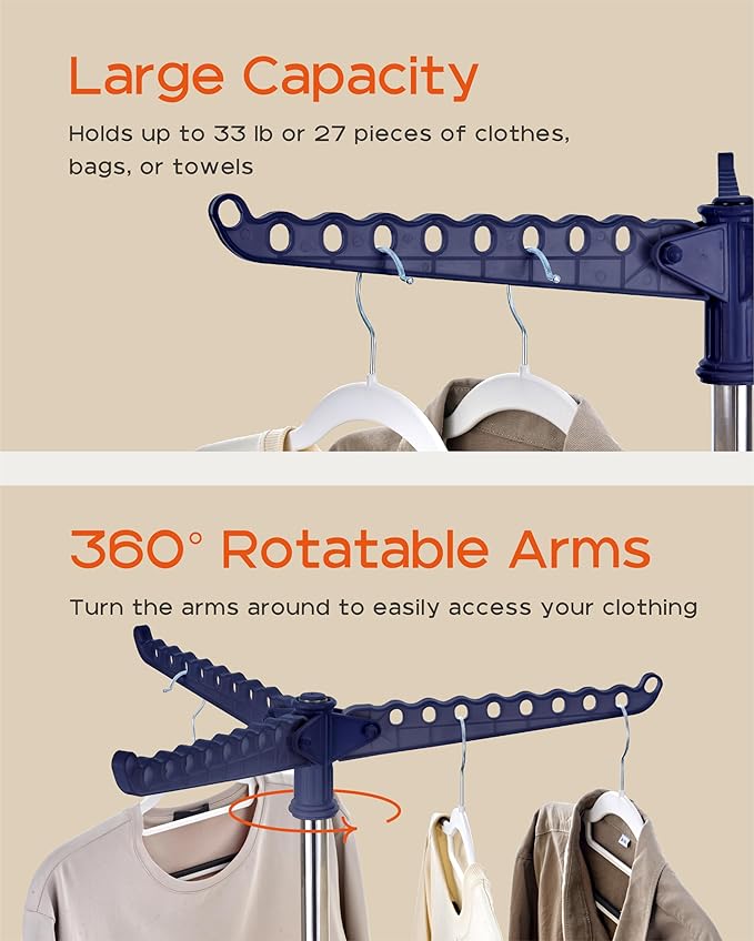 Clothes Drying Rack Foldable, 59 inch Tripod Laundry Drying Rack Indoor with Rotating Clothes Rail for 27 Pieces of Clothes, Space Saving, Blue and Silver CDR001Q01-CubbioJoy