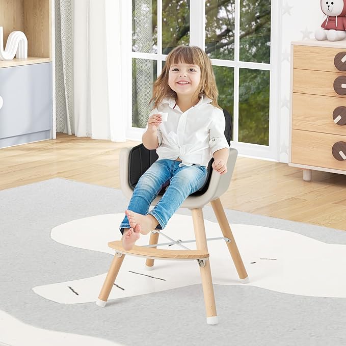 BABY JOY Baby High Chair, 3-in-1 Convertible Wooden Highchair for Babies & Toddlers, Infant Feeding Chair w/ 5-Point Safety Harness, Footrest, Adjustable Legs, Removable Tray & PU Cushion (Black)-CubbioJoy