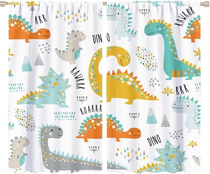 Dinosaur Curtains for Kids Boys Girls Home Decor Childish Cute Dino Animals Print Pattern Rod Pocket Blackout Window Drapes for Nursery Baby Bedroom Playroom W36xL63in 2 Panels-CubbioJoy