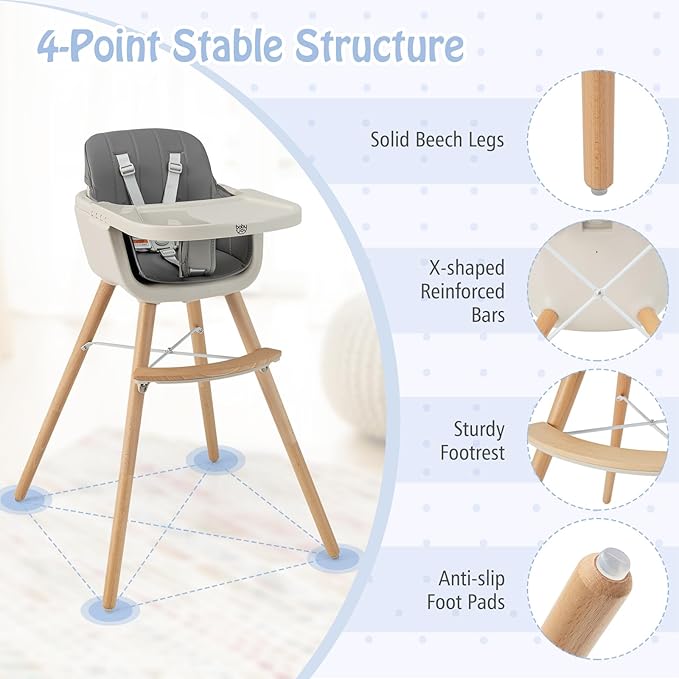 BABY JOY Baby High Chair, 3-in-1 Convertible Wooden Highchair for Babies & Toddlers, Infant Feeding Chair w/ 5-Point Safety Harness, Footrest, Adjustable Legs, Removable Tray & PU Cushion (Dark Gray)-CubbioJoy