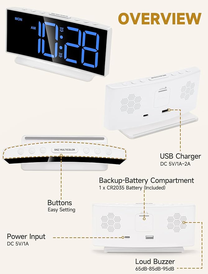 Cadmos Loud Alarm Clocks for Heavy Sleepers,Adults,Kids,Teens,Large Digital Display,7 Color Night Light,Adjustable Volume,Battery Backup,Small Bedside Clocks for Bedrooms (White+Dynamic)-CubbioJoy