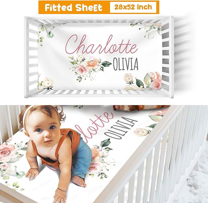Custom Crib Bedding Set - Highland Cow Design Personalized Name Baby Nursery Bed 3 Pcs Set - Chic Soft Blanket with Dotted Backing, Sheet, Pillowcase for Newborn Girls Boys Gifts Color02-CubbioJoy