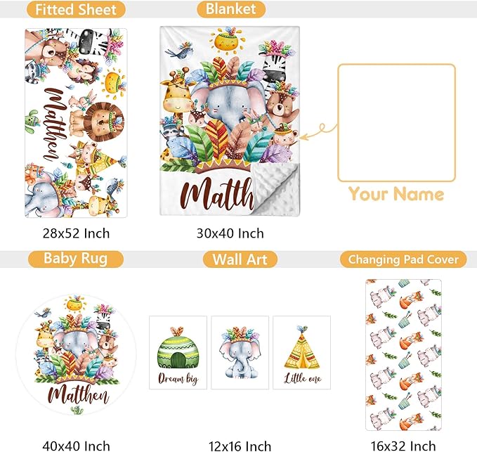 Custom Crib Bedding Set, 5 Pcs Customized Baby Crib Set with Name, Double Layer Baby Bedding Set for Girls Boys, Personalized for Nursery Infants Toddlers, Cute Animals-CubbioJoy