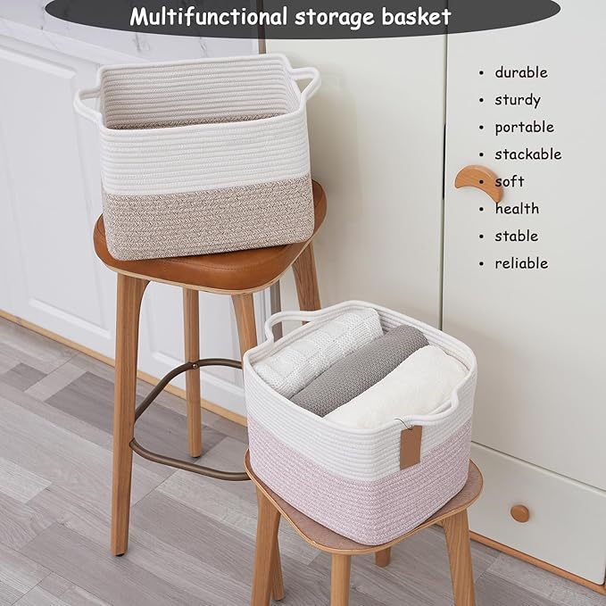 COMFY-HOMI 3PACK Cotton Rope Square baske with Handles for Shelves|Dog Toy baske Bin and Storage|Baby baske for Gift|Shoe baske for Organizing|13.5" x 11" x 9.5" for Living Room（White/Pink）-CubbioJoy