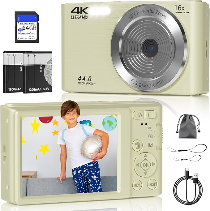 Digital Camera, FHD 4K 44MP Digital Camera, 16X Digital Zoom, Digital Point and Shoot Camera with 3-LED Fill Lights, 64GB SD Card, Compact Camera for Kids Teen Boys Girls, Cream-CubbioJoy