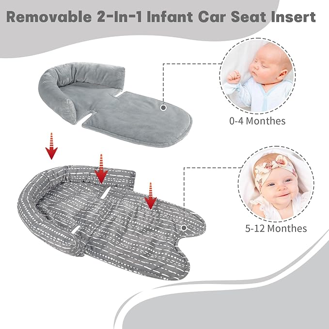 Infant Car Seat Insert, Baby Car Seat Head & Body Support with 2 Strap Pads, Ultra Soft Newborn Preemie Carseat Insert Cushion for Girls Boys, Fits Car Seat, Stroller, Swing, Bouncer, Grey-CubbioJoy