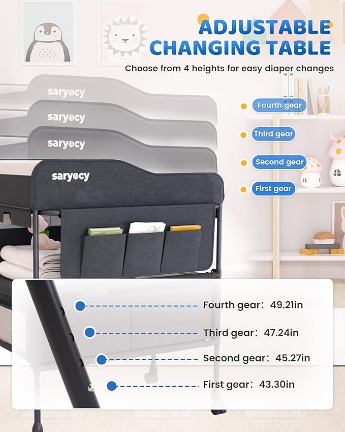 Baby Changing Table with Storage, Versatile Folding Changing Table, Baby Changing Station, Removable Wheels, 4 Adjustable Height, Waterproof, Mobile Nursery for Infant and Newborn-CubbioJoy