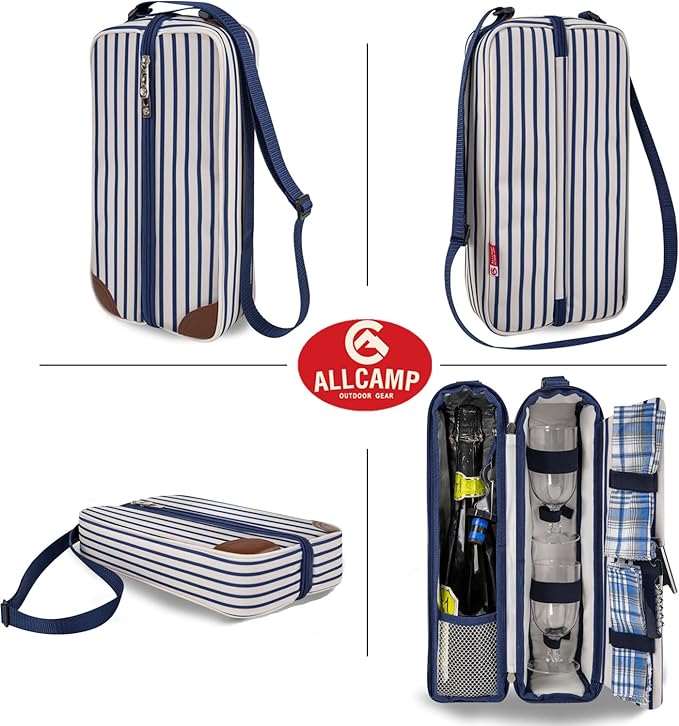 ALLCAMP Wine Tote Bag with Cooler Compartment，Picnic Set Carrying Two Sets of Tableware（Blue Stripe）-CubbioJoy