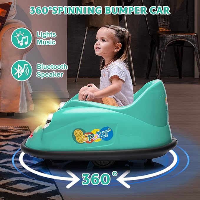 12V Bumper Car for Toddlers, Electric Toy Ride on Battery Car with Kids W/Parent Remote Control, 2-Speed, 360 Degree Spin, Music & LED Lights for Kids, Green-CubbioJoy