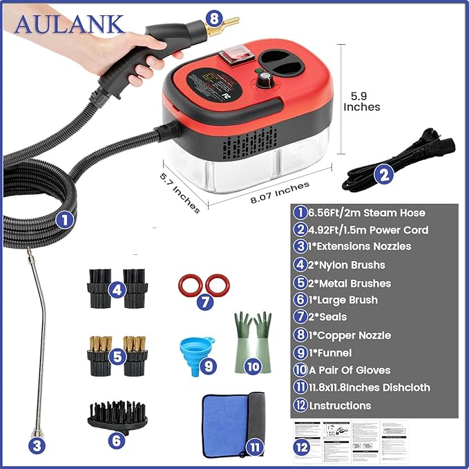 2500W Handheld Steam Cleaner,Portable Car Steamer For Auto Detailing,High-Temperature and Pressure Steam Cleaner For Home, Steam Cleaning Machine for Furniture,Kitchen,Grout,Floor,Tile (Red)-CubbioJoy