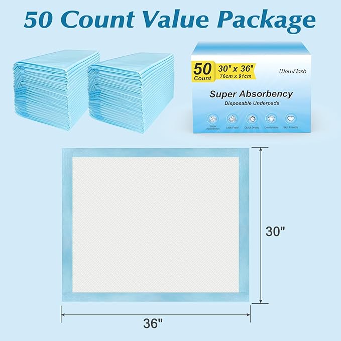 50 Count 30” x 36” Super Absorbency Disposable Underpads, Leakproof Quick Drying, Baby Puppy & Adults Bed Pads Disposable Adults, Dog Pee Pads Extra Large, XXL Incontinence Pads-CubbioJoy