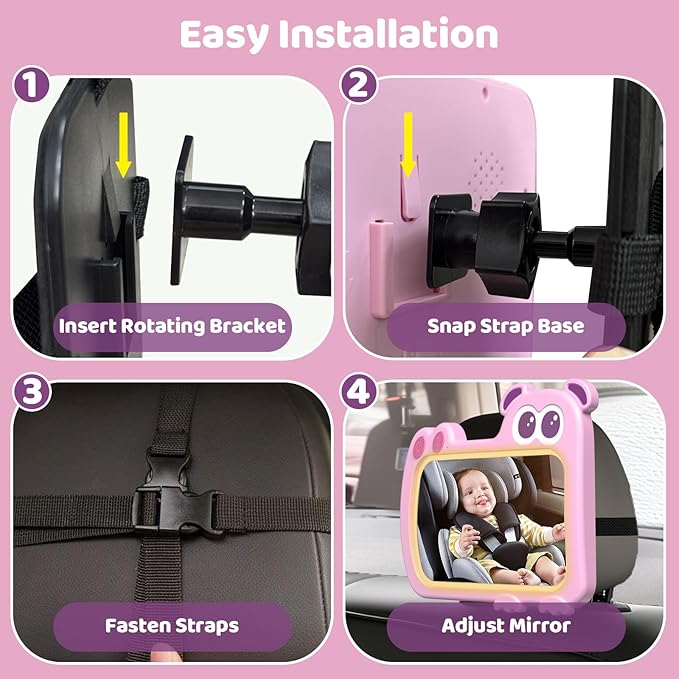 2-in-1 Baby Car Mirror with Lights & Soft Sounds, Cry Detector, Clear Night View, 360° Rotation, Shatterproof, Rear Facing Baby Car Seat Mirror with Remote Control, Perfect Baby Shower Gifts (Pink)-CubbioJoy